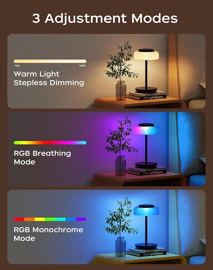 QiMH Battery Operated LED Table Lamp for Living Room, 5000mAh Cordless Desk Lamp with Stepless Dimmable Touch Control, Mini Rechargeable Night Light for Bedroom, Outdoor bar (Black-RGB) - Bloomnest
