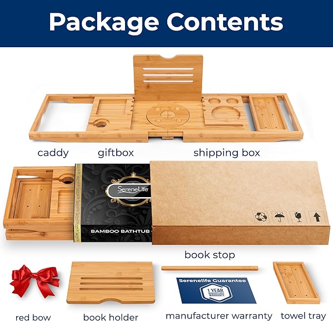 SereneLife Premium Foldable Bathtub Tray with Gift Box and Bow Set, Expandable Bath Tray, Unique House Warming Gifts, for Mom, Women, New Home, Wedding, Anniversary, Bridal Shower, Fit for All Tub - Bloomnest