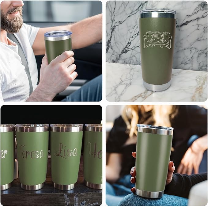 OMTech 20oz Tumblers Bulk, 6pc Stainless Steel Tumbler Set with Lid & Straw, Double Wall Vacuum Insulated Mug for Laser Engraver, Travel Coffee Mug for Hot & Cold Drinks, Army Green Powder Coated Cup - Bloomnest