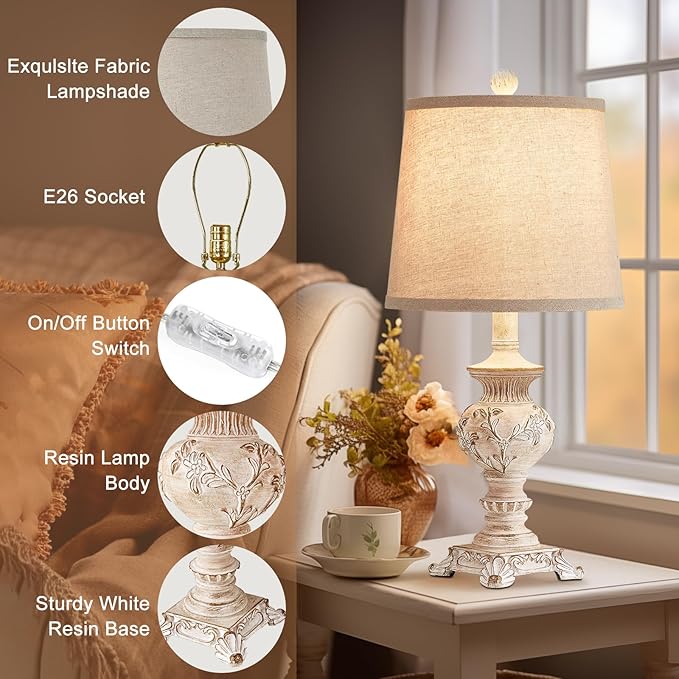 21'' Small Table Lamps for Bedroom Bedside Lamps Set of 2 Farmhouse Nightstand Lamps with Carved Floral Vintage Side Table Lamps for Living Room Kids Office, White, Bulb Not Include - Bloomnest
