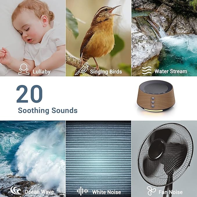 BGOVERSS White Noise Sound Machine with 20 Soothing Sounds, 10 Colors Night Light Sleep Machines Home Office Travel, 5 Timers and Memory Feature Sound Machine for Nursery Baby Kids Adults (Wood) - Bloomnest