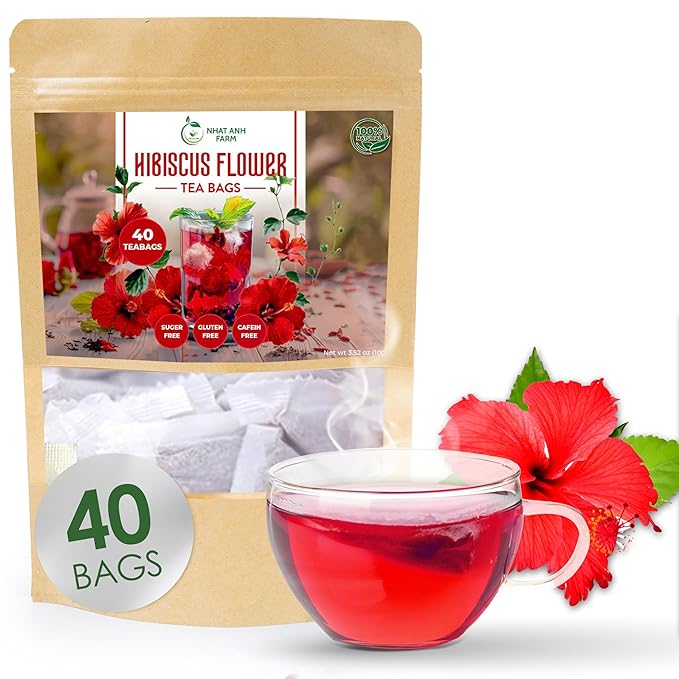 Premium Hibiscus Tea Bags - Dried Hibiscus Flower Tea Bags - 40 Teabags, 2.5g/bag), 100% Natural & Pure Hibiscus Flowers, Sugar/Caffeine/Gluten Free. Good For Your Health - Bloomnest