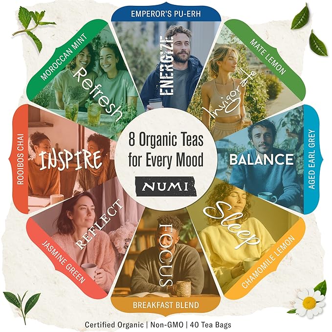 Numi Organic Tea By Mood Gift Set, 40 Tea Bag Assortment, Premium Organic Black, Pu-erh, Green, Maté, Rooibos & Herbal Teas - Bloomnest