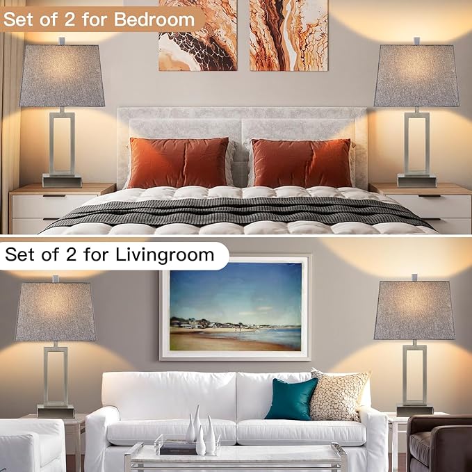 23.5" Touch Control Table Lamps, Metal Bedside Lamp for Bedroom Set of 2 with USB A+C Ports & AC Outlet, 3-Way Dimmable Nightstand Lamp for Living Room (LED Bulb Included) - Bloomnest