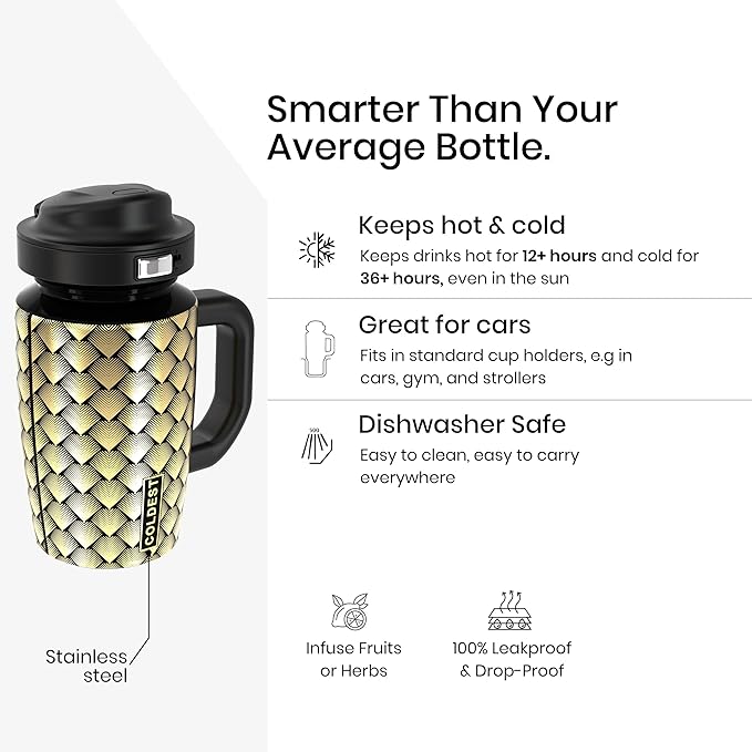 Coldest Tumbler with Handle & Coffee Lid - 100% Spill Proof Tumbler (3 Lids) - Stainless Steel Insulated Leakproof Tumblers for Women & Men - Cup Holder Friendly - 15 oz (Gold Dragon) - Bloomnest