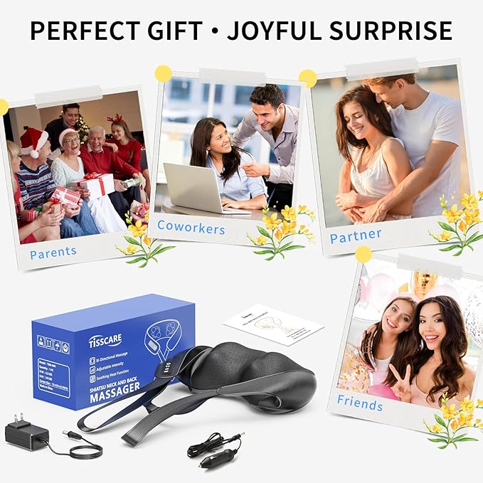 TISSCARE Shiatsu Neck Massager with Heat for Pain Relief, Deep Tissue 3D Kneading Electric Massager for Back, Shoulder, Leg, Plug-in for Home, Office, Car, Ideal Gift for Women, Men - Bloomnest