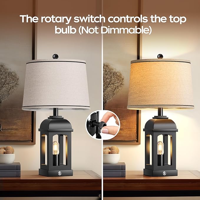 QiMH Table Lamp for Living Room, Farmhouse Lamps Set of 2 with USB A+C and Nightlight, 26" Rustic Bedside Lamps with 3-Way Dimmable Touch Control, Nightstand Lamp for Bedroom Decor, Black - Bloomnest