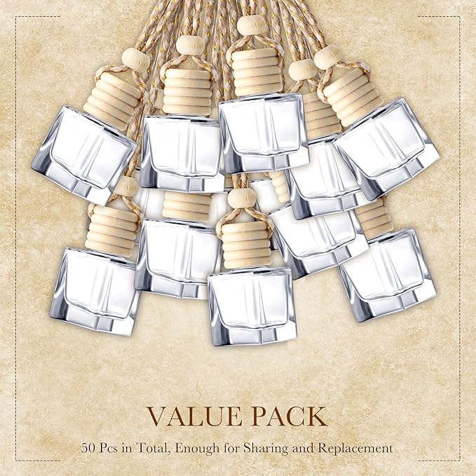 BBTO 50 Pcs Hanging Car Air Freshener Car Diffuser Bottles Empty Glass Perfume Bottle Freshener Diffuser Bottle Pendant for Essential Oil Fragrance Aromatherapy Bottle Ornament(Cube) - Bloomnest