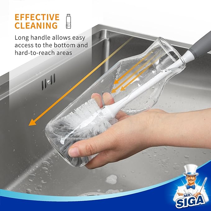 MR.SIGA Long Handle Bottle Brush, Flexible Scrub Brush for Water Bottles, Glasswares, Mugs, Gray, 2 Pack - Bloomnest