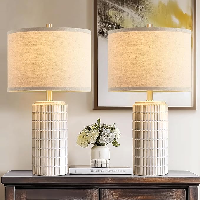 23'' Set of 2 Modern Ceramic Table Lamps for Living Room Bedroom, Nightstand Farmhouse Beige White Desk Lamp for Bedside End Table Entryway, 2 LED Bulbs Included - Bloomnest