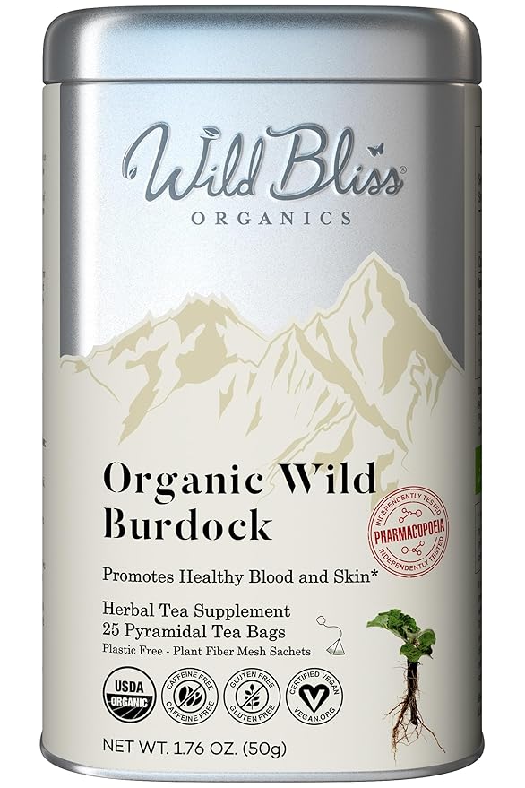 Wild Bliss Organic Burdock Root Tea - Caffeine Free Herbal Detox Support - Pharmacopoeia Quality - 25 Plant Based Tea Bags - Bloomnest