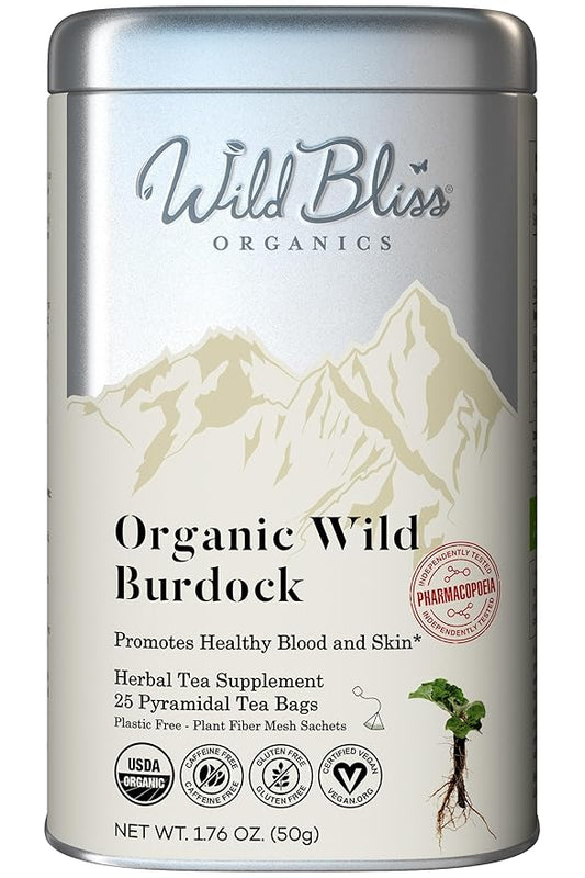 Wild Bliss Organic Burdock Root Tea - Caffeine Free Herbal Detox Support - Pharmacopoeia Quality - 25 Plant Based Tea Bags - Bloomnest