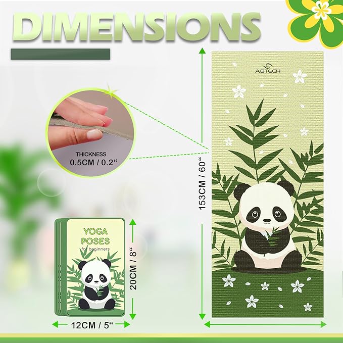 Kids Yoga Mat Set for Boys & Girls - Doll, Unicorn, Mermaid, Panda, Dinosaur and UnderWater - Chemical Free - Non-Toxic - Non-Slip - 60 X 24 X 0.2 Inches - w/ 12 Yoga Cards - Cute Carrier Bag - Ages 3-12 - Bloomnest