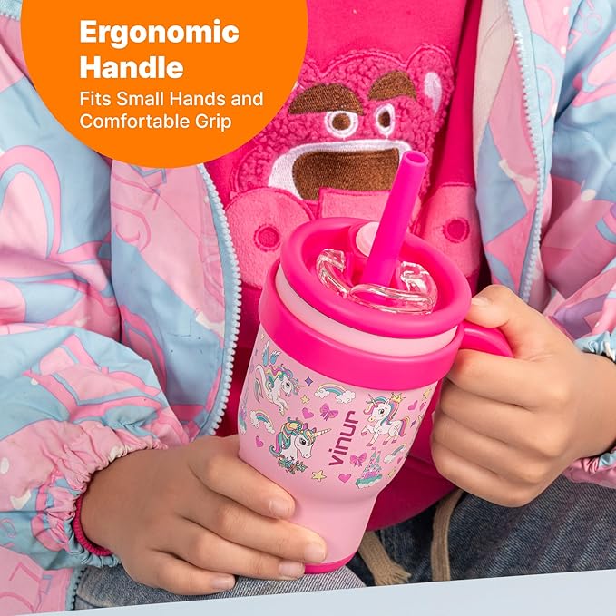 VINUR Kids Insulated Tumbler with Handle 17 oz Stainless Steel Vacuum Water Tumbler Mug with Leak Proof Lid and Straw|Gift for Boys Girls 6+| Cup Holder Friendly, Unicorn - Bloomnest