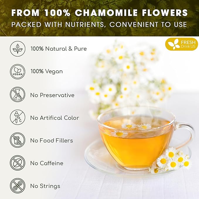 FRESHDRINKUS, Premium 25 Chamomile Tea Bags, 100% Natural and Pure Chamomile Flowers, Eco-conscious Tea Bags. Chamomile Flower Herbal Tea. No Sugar, No Caffeine, No Gluten, Vegan. - Bloomnest