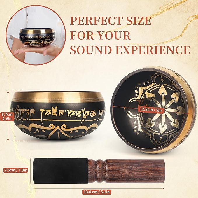 AKLOT HandMade Meditation Singing Bowl: Tibetan Sound Bowl Set with Pure Tone, Sound Bath Bowl with Cushion, Mallet, Carry Bag, Spiritual Gift for Chakra Clearing, Yoga, Prayer, Relaxation (5 Inch)