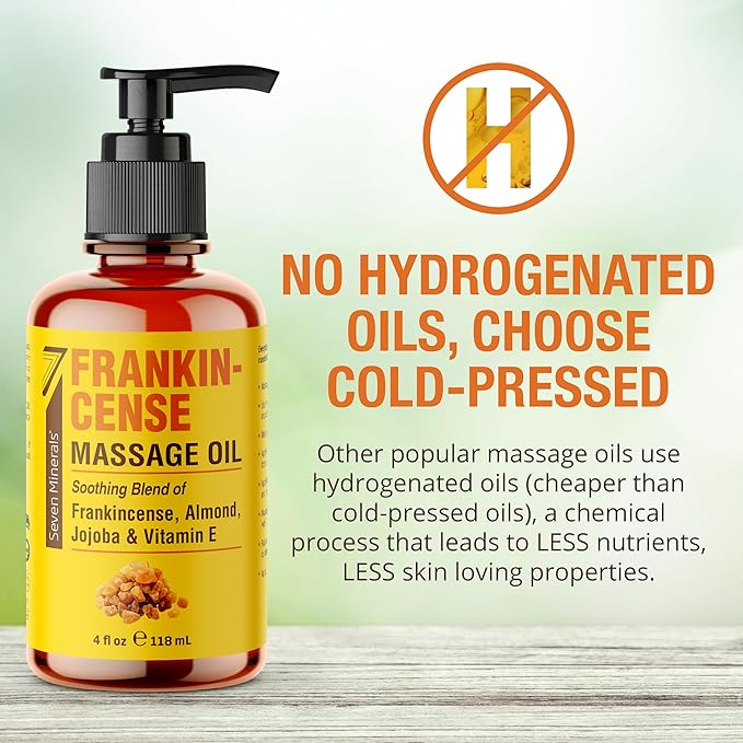 Seven Minerals Frankincense Massage Oil for Massage Therapy - 4oz - Ideal for Professional or at-Home Body Massage. Soothing Natural Blend of Almond, Jojoba & Vitamin E