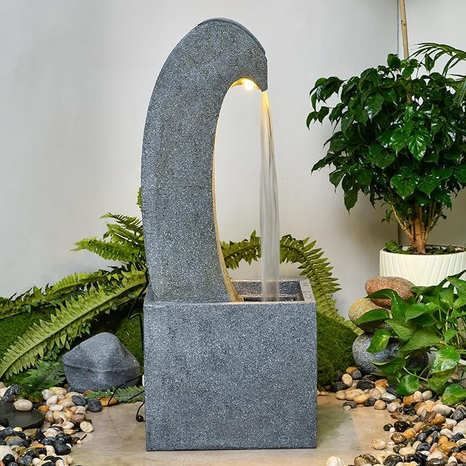 35.83'' Outdoor Garden Cascading Stone Floor-Standing Waterfall Fountain with LED Lights for Patio, Backyard, Deck, Porch and Home Art Decor