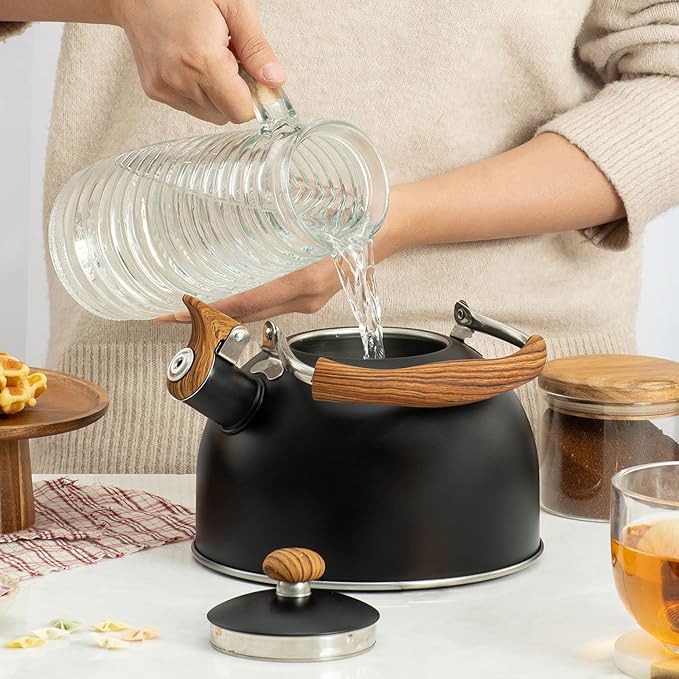 Whistling Tea Kettles with Wood Grain adjustment Nylon Handle, 2.3 Quart Capacity with Capsule Base Tea Kettle, Black - Bloomnest