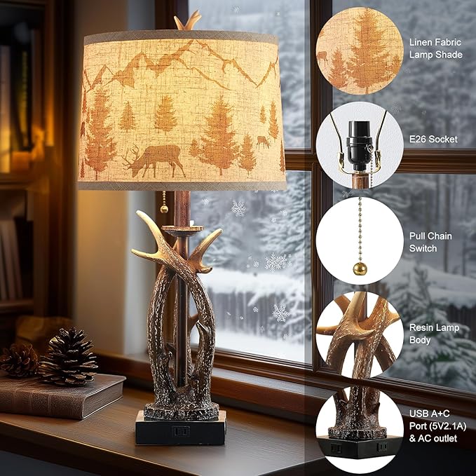 Farmhouse Deer Antler Table Lamps Set of 2 Rustic Western Bedside Lamp with USB A+C & Outlet for Log Cabin Bedroom Hunting Themed Living Room End Table Country Home decor,Deer Print Linen Fabric Shade - Bloomnest