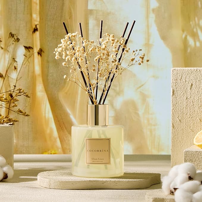 COCORRÍNA Reed Diffuser - Clean Linen 17 Fl.oz Reed Diffuser with 8 Sticks Scented Diffuser with Preserved Flowers for Bathroom Home Decor - Bloomnest