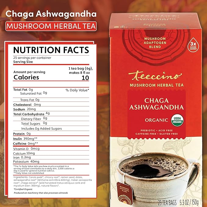 Teeccino Chaga Ashwagandha Tea - Butterscotch Cream - 25 Tea Bags - Organic Mushroom Adaptogenic Herbal Tea, 3x More Herbs than Regular Tea Bags, Prebiotic, Caffeine Free, Gluten Free - Bloomnest