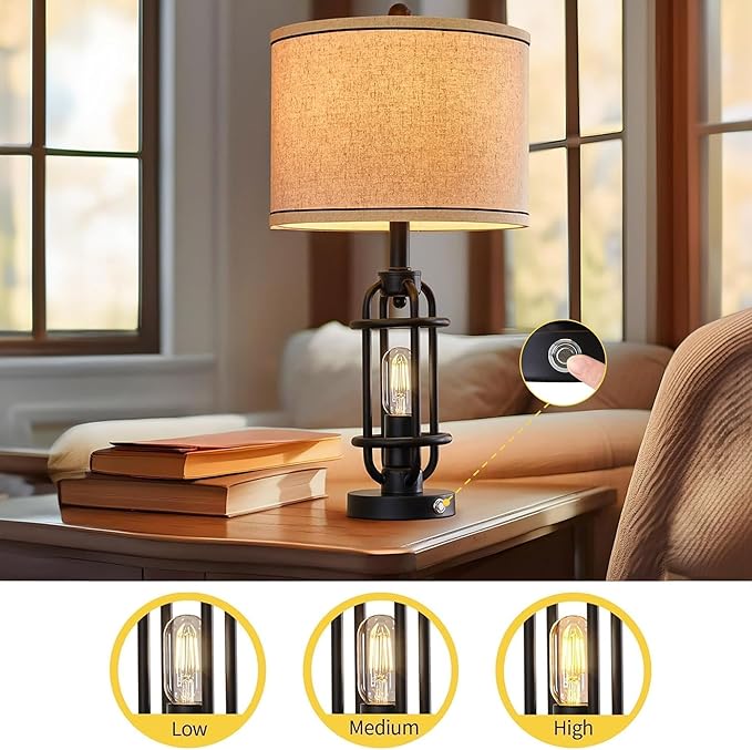 23.75'' Industrial Black Metal Table Lamps Living Room Lamp for Nightstand Bedroom lamps Set of 2 Bedside End Side Table Lamps Home Decor Touch Lamp Modern Lamps With USB Port, Bulbs Included - Bloomnest