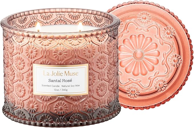 LA JOLIE MUSE Santal Rosé Candle - Saffron, Rose, Patchouli | 12 oz Large 2-Wick Soy Wax Candle | 60 Hours Clean Burn | Gift-Ready for Hosts & Gatherings | Elegant Home Décor - Bloomnest