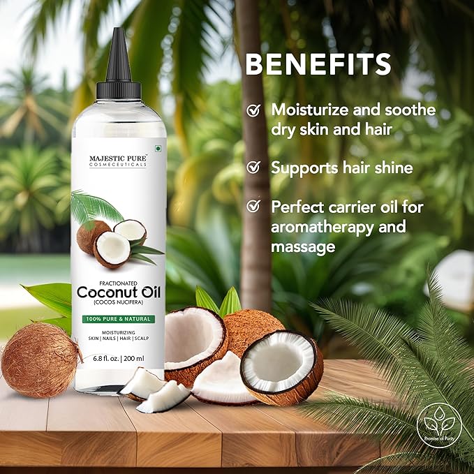 Majestic Pure Fractionated Coconut Oil - Relaxing Massage Oil, Liquid Carrier Oil for Diluting Essential Oils - Skin, Lip, Body & Hair Oil Moisturizer & Softener - 6.8 fl oz - Bloomnest