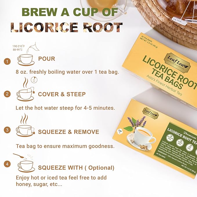 LeafLea 40 Premium Licorice Root Tea Bags, 100% Pure Licorice Spice Tea, Herbal Infusion to Digestive Comfort & Promote Respiratory Health, Te De Regaliz, Caffeine-Free, Sugar-Free, Soothing Flavor - Bloomnest