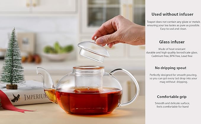 CNGLASS Glass Teapot Stovetop Safe,Clear Teapot with Removable Infuser 20.3 oz,Loose Leaf and Blooming Tea Maker - Bloomnest