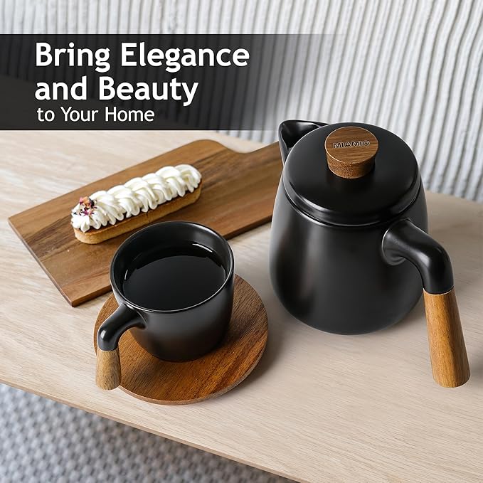 MIAMIO – 34 Oz Ceramic Tea Pot Set with Infuser and Cups/Tea Strainer, 4 Ceramic Tea Mugs (10 Oz), Bamboo Saucers/Handle for Home and Office (Black) - Bloomnest