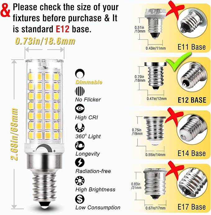 ALIDE E12 Kx-2000 60W C7 Dimmable Led Candelabra Bulbs Equivalent, 4000K Natural White T6 110V 120V Small Base E12 LED Bulbs 6W for Ceiling Fan Salt Lamp Chandelier Lighting,600lm,8Pack - Bloomnest