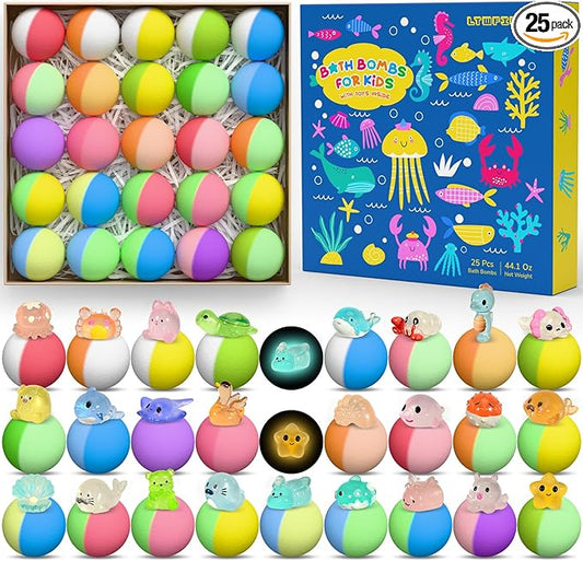Bath Bombs for Kids with Surprise Toys Inside, 25 Pack Natural Bath Bombs with Glow in The Dark Sea & Land Animal Toys, Handmade Organic Safe Fizzy Salt Balls Gift Set for Boys Girls Toddlers - Bloomnest
