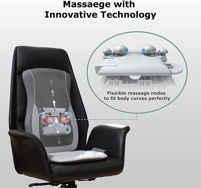 Mynt Gray Back Massager for Chair with Heat for Deep Tissue, Mesh Shiatsu Massage Chair Pad with 4 Deep Kneading Nodes, Heated Back Massage with a Seat Cushion - Bloomnest