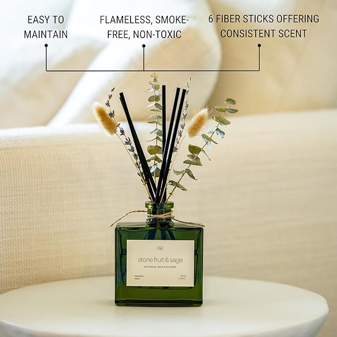 Craft & Kin Reed Diffuser with Dried Flowers | 5 oz Stone Fruit & Sage Scented Holiday Reed Diffusers for Home, Bathroom | Scent Sticks | Elegant Fragrance Home Decor for Men & Women CraftKin