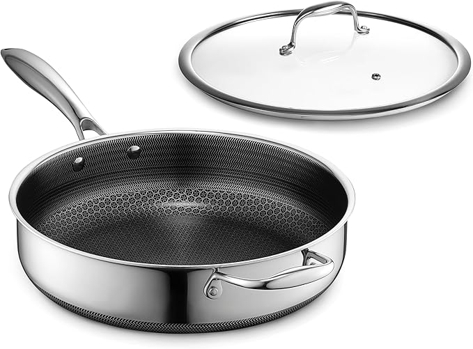 HexClad Hybrid Nonstick 4.5-Quart Deep Sauté Pan with Tempered Glass Lid, Stay-Cool Handle, Dishwasher-Friendly, Oven-Safe Up to 900°F, Induction Ready, Compatible with All Cooktops - Bloomnest