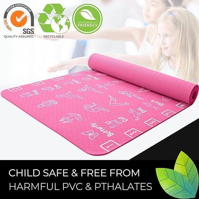 Plyopic Kids Yoga Mat - Non-Slip Lightweight TPE Exercise Mat - Ideal for Boys & Girls (Ages 3-12), Toddlers & Children in Kindergarten, Preschool, School. PVC Free. 6mm Thick. Carry Strap - Bloomnest