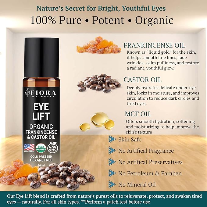 Organic Castor Oil and Frankincense Roll On – 100% Pure Hexane Free Eye Oil for Under Eye, Reduces Wrinkles, Dark Circles & Puffiness, Frankincense Essential Oil for Face Roller by Fiora Naturals - Bloomnest