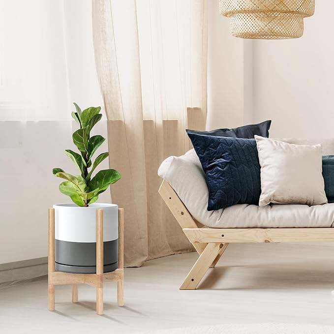 D'vine Dev Ceramic Planter with Natural Stand - 10 Inch Modern Round Flower Pot with Wood Planter Holder, White/Grey, 55-B-K-6 - Bloomnest