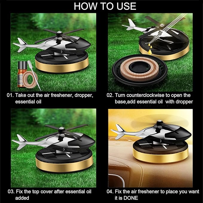 Upgraded AL Alloy Helicopter Aromatherapy Solar Rotating Air Freshener, Home and Car Interior Decoration Accessories (Gold) - Bloomnest