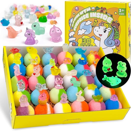 Bath Bombs for Kids with Toy Inside, 30 PCS Natrual and Organic Bubble Bath Bombs with Glow-in-The-Dark Surprise Inside, Perfect Handmade Birthday, Party, for Boys and Girls. - Bloomnest