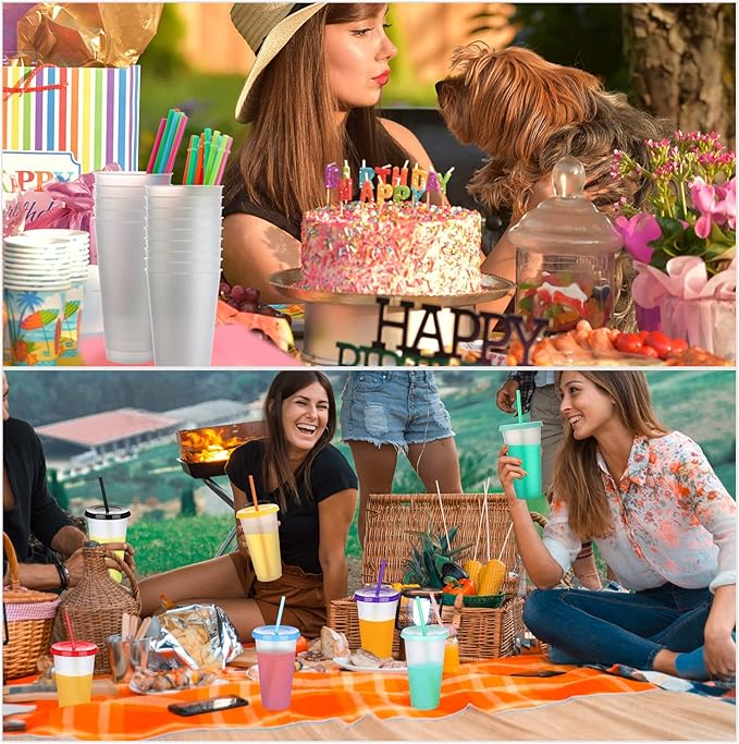 Honeydak 15 Pack Tumbler with Straw and Lid Bulk Water Bottle Iced Coffee Travel Mug Cup Reusable Plastic Cups for Party Birthdays 24-27 oz (Pretty Color) - Bloomnest