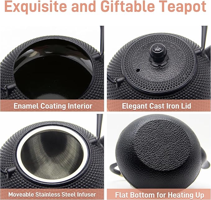 Japanese Tetsubin Cast Iron Teapot Tea Kettle pot with Stainless Steel Infuser for Stovetop Safe Coated with Enameled Interior (Black, 27.1oz) - Bloomnest