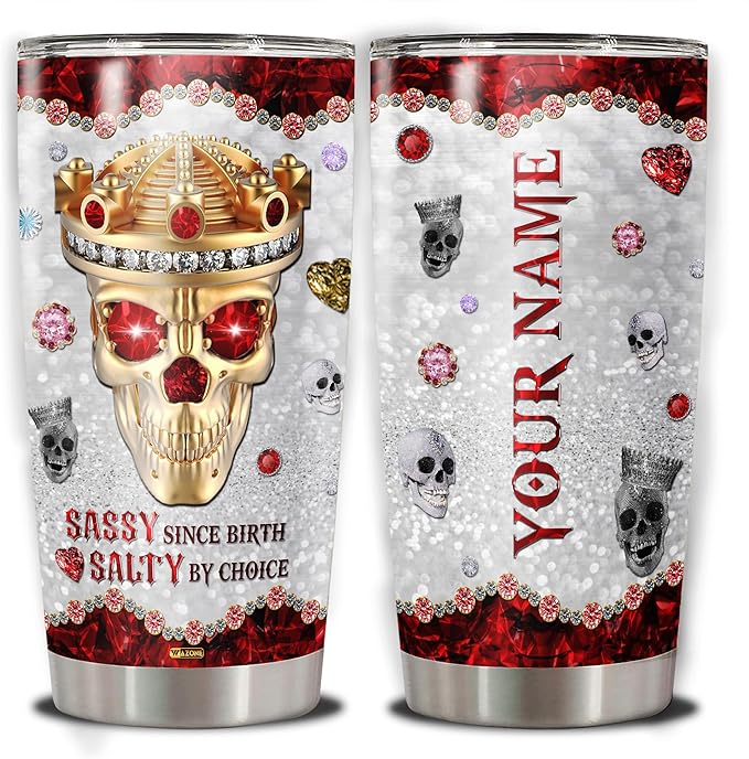 WAZONE Personalized Jewelry Crown Skull Tumbler With Lid Custom Name Sassy Since Birth Salty By Choice Insulated Stainless Steel 20oz 30oz TravelHalloween Themed Gift For Women Men - Bloomnest