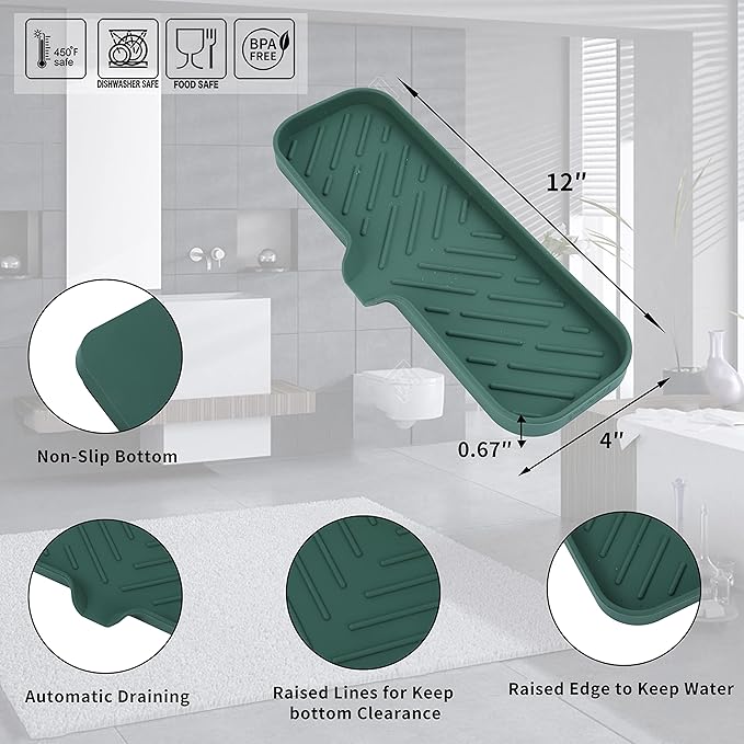 Silicone Bathroom Soap Dishes with Drain Spout-Bathroom and Kitchen Sink Organizer,Sponge Holder,Dish Soap Tray,Perfect for Dispenser,Scrubber,Bottle,Cup on Sink or Counter-Green 12"×4" - Bloomnest