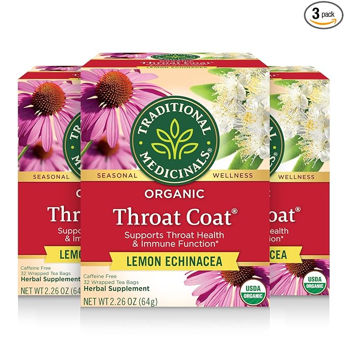Traditional Medicinals Tea, Organic Throat Coat Lemon Echinacea, Supports Throat Health & Immune Function, 96 Tea Bags (3 Pack) - Bloomnest