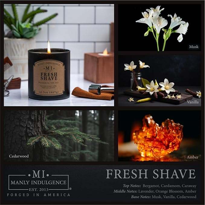 Manly Indulgence Fresh Shave Jar Candle 16.5 oz - Musk, Vanilla & Bergamot - Woodsy Amber & Cedarwood - Up to 60 Hour Burn - Soy Blend Wax, USA Poured - Bloomnest