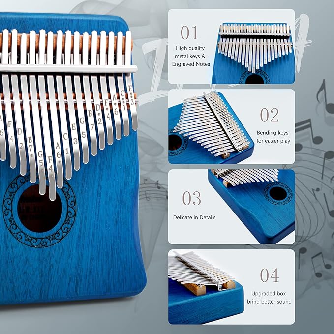 Kalimba Thumb Piano,YUNDIE Portable 21 Keys Mbira Finger Piano with Tune Hammer and Study Instruction,Musical Instruments Gift for Adult Beginners Professional(Blue) - Bloomnest