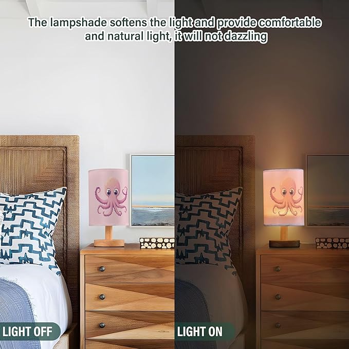 Table Lamp Marine Octopus You Octopi My Heart Quote Design on Pink Nightstand Lamp with Wood Base Fabric Lamp Shade Bedside Desk Lamp for Living Room Bedroom Kids Room Office - Bloomnest